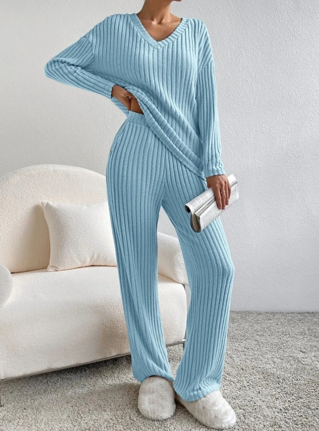 Two Piece Set Women Outfit 2023 Spring Fashion Knitted Solid V-Neck Long Sleeve Top & Casual Loose Pocket Straight Pants Set