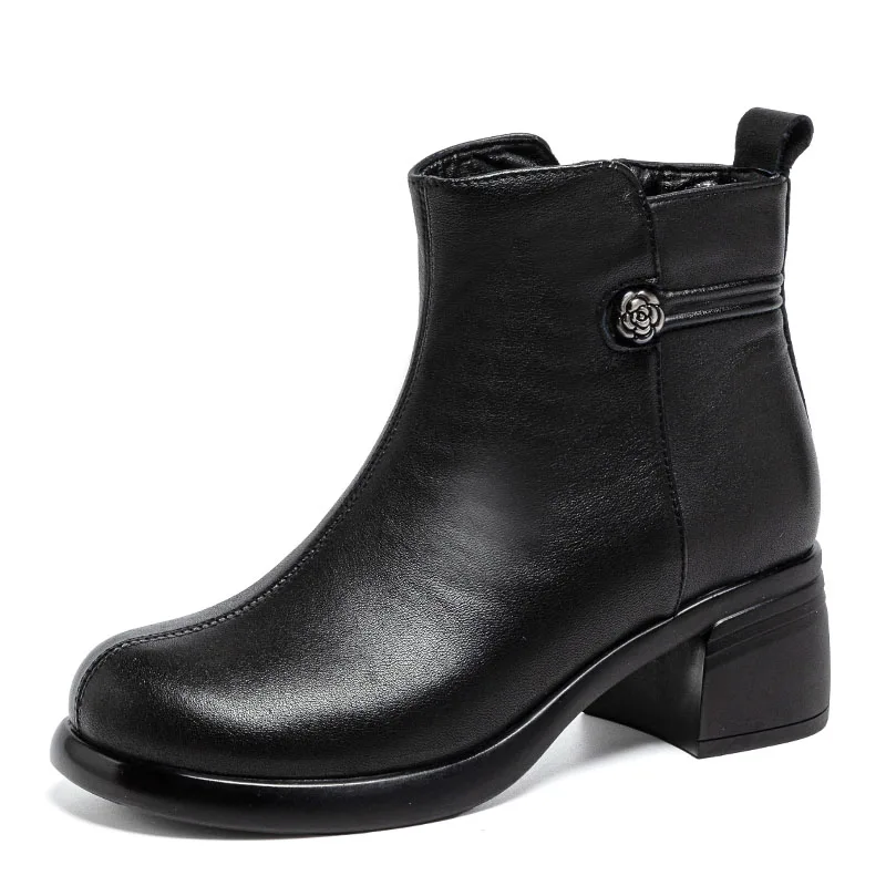 DRKANOL Fashion Women Thick High Heel Short Boots Handmade Retro Style Side Zipper Genuine Leather Winter Plush Warm Ankle Boots