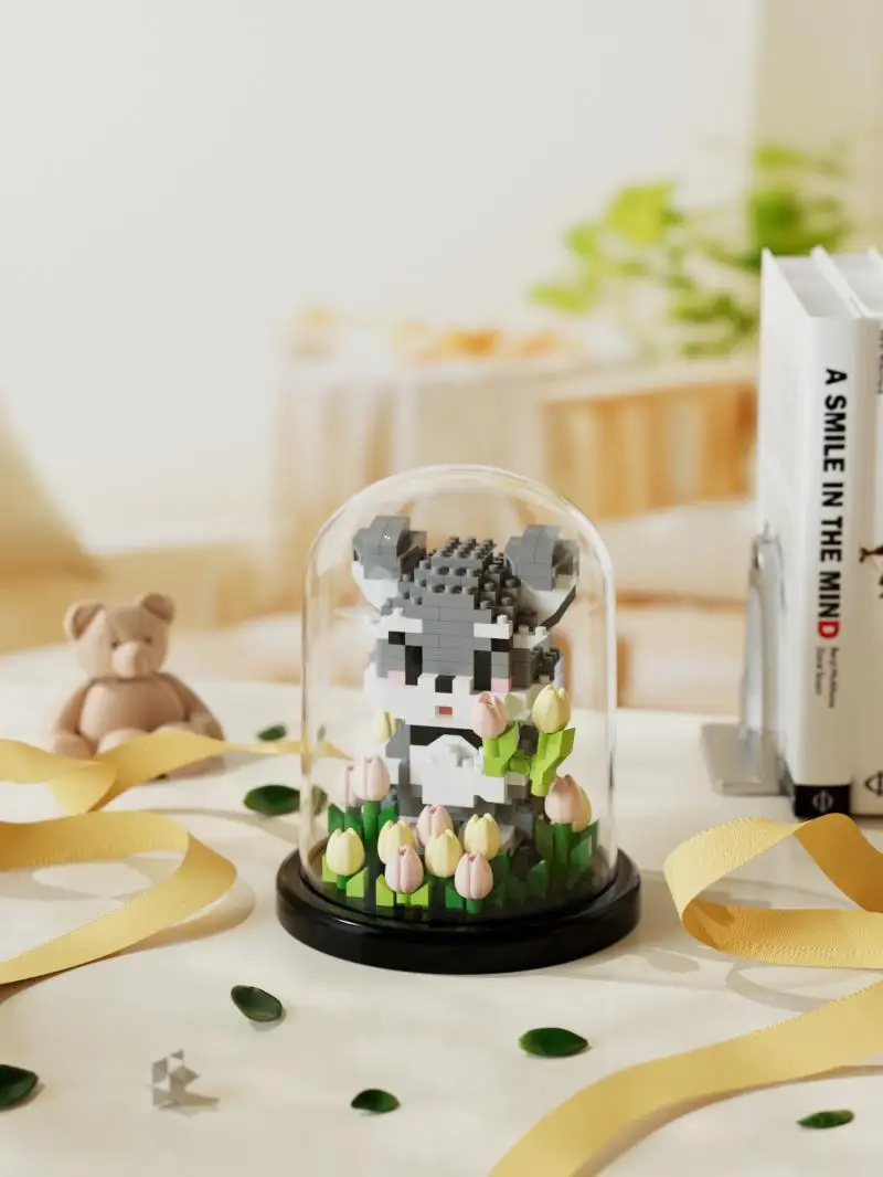 Criativo animal bloco de construção jardim, cão dos desenhos animados, coelho, rosa, mini pet tijolo modelo, decoração home, brinquedo da educação, presente das crianças