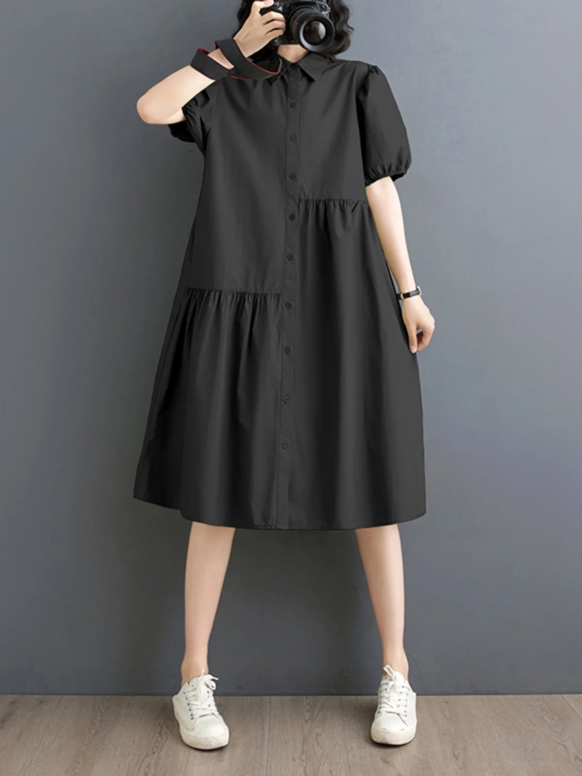   Kragen Lose Midi Dr frauen plus Größe Sommer Abnehmen irt Dr Reine Farbe Blase Sve Pendeln Sle Floral Saum