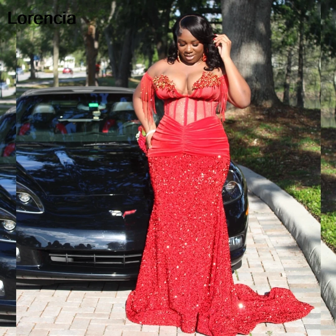 Customized Red Sequin Mermaid Prom Dress Blackgirls Rhinestones Crystal Beads Tassel Party Gala Gown Vestidos De Festa YPD120