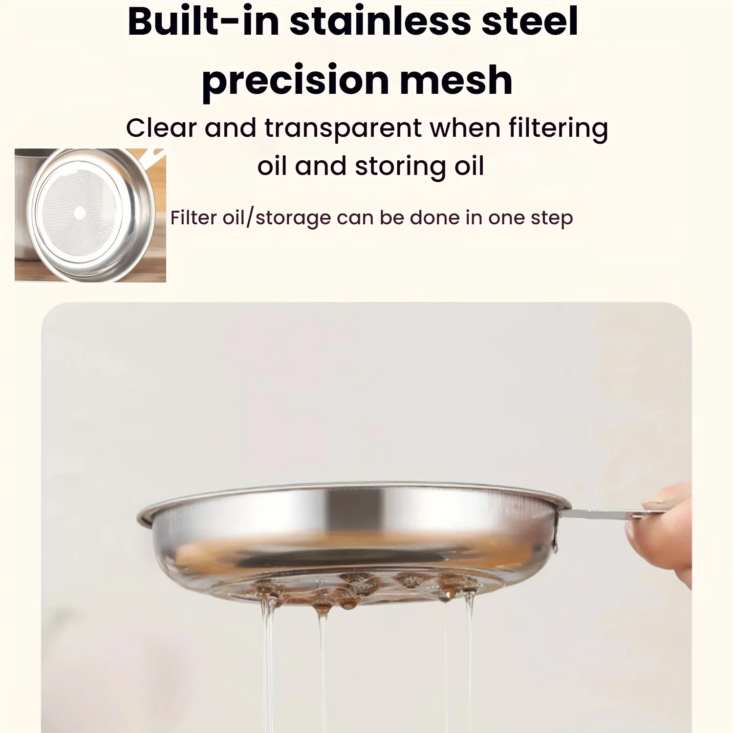 Edelstahl-Ölfilter-Set 1,1/1,3L mit Deckel & Sieb, Hitzebeständiger Fettabscheider für Speiseölfilterung – Detail 5