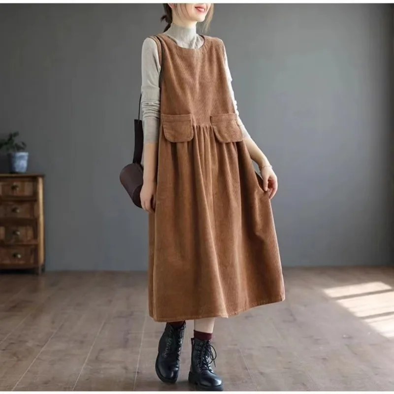 Clothes for Women Japanese Style Vintage Corduroy Streetwear Y2K Midi Dress Autumn Winter O Neck Solid Sleeveless Loose Dresses