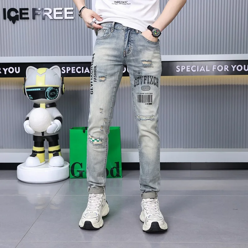 

Ripped print jeans men's street fashion high-end fashion design leisure slim-fitting small straight stretch pants