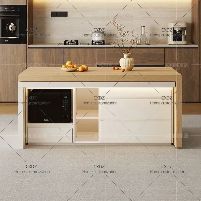 Flush Island Dining Table with Integrated Retractable Microwave Oven Kitchen Folding Down Table Cabinet Separate Middle Guide