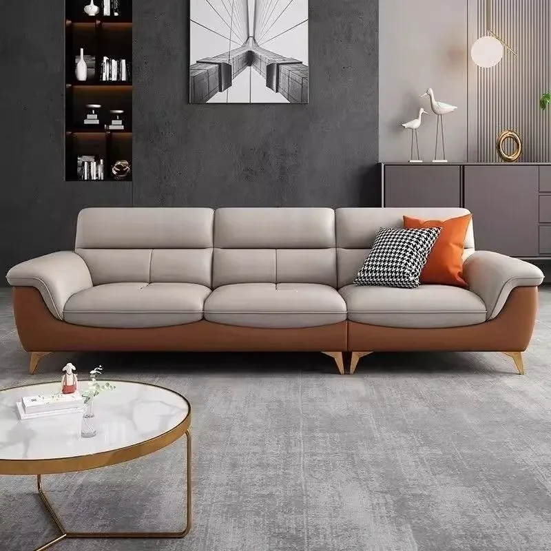 Modern Italian Nordic Leather Sofa Minimalist Straight Row Cowhide Wood Frame Light Luxury Living Room Furniture for Small