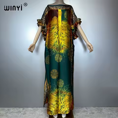 WINYI summer boho evening dress dubai luxury Female loose Print kaftan muslim woman clothing holiday beach dress fashion Caftan