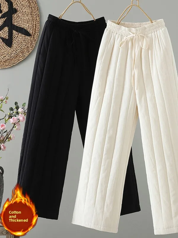 

Новые китайские широкие брюки, женские зимние брюки, повседневные теплые брюки с хлопковым наполнителем, повседневная одежда прямого кроя с высокой талией