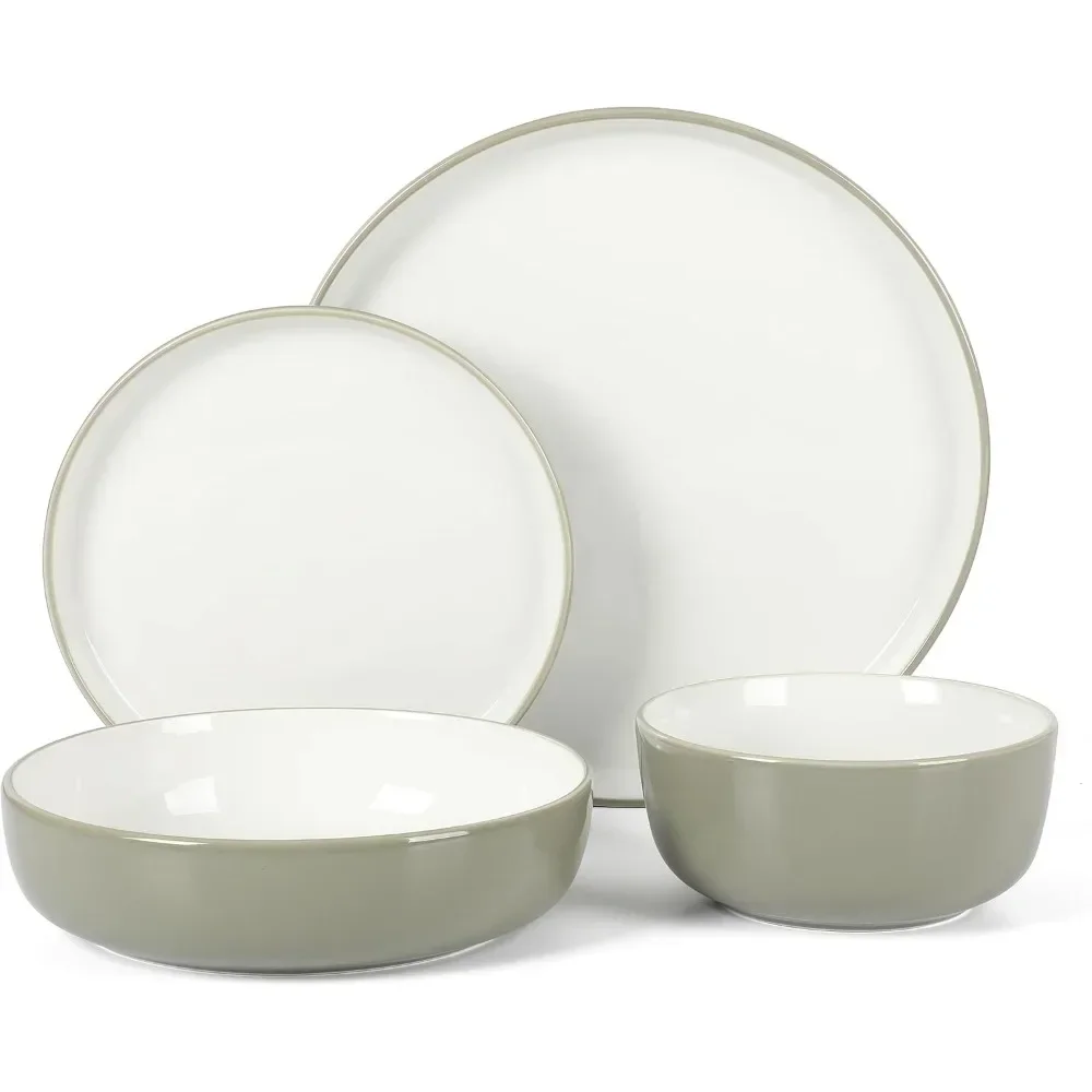 Kitchen Essentials 16 Piece Two-Tone Porcelain Chip and Scratch Resistant Dinnerware Plates and Bowls Set - Grey/White