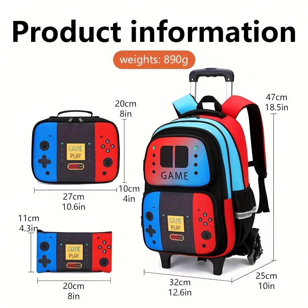 3PCS Kids Rolling Backpack for Boys Gamer Roller Wheels Bookbag with Lunch Box Travel Lightweight Roller School Bag for Teen - view 2