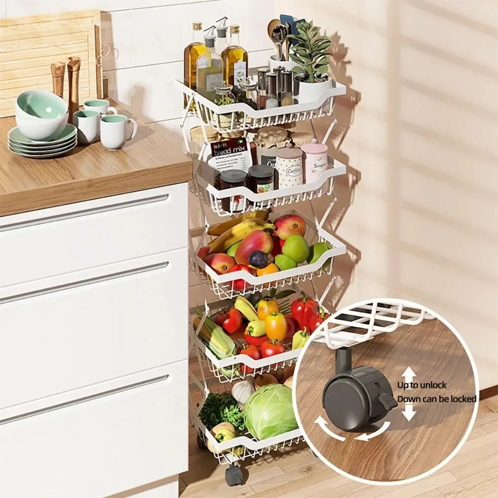 Movable Kitchen Fruit Basket Stackable Crevice Vegetable Storage Cart Floor-Mounted Multi-Layer Shelf Folding Rack Trolley Cart