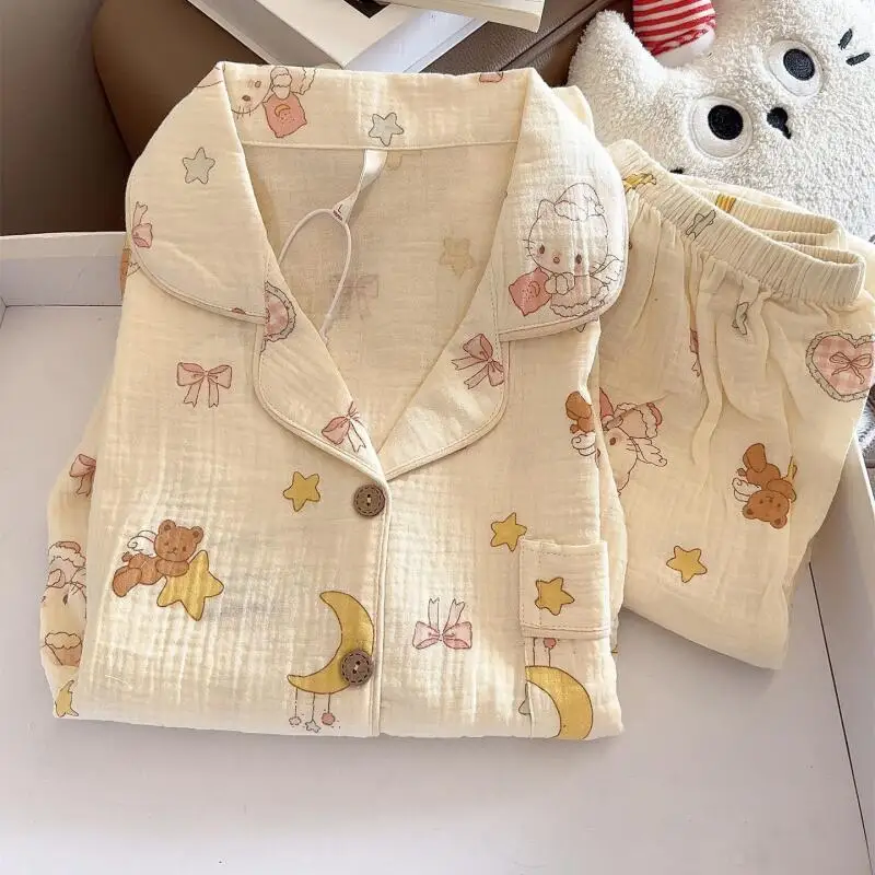 

Sanrio Hello Kitty женский пижамный комплект Cuteore с героями мультфильмов, весенне-осенняя одежда для сна, брюки с длинными рукавами, ночная рубашка, студенческая домашняя одежда