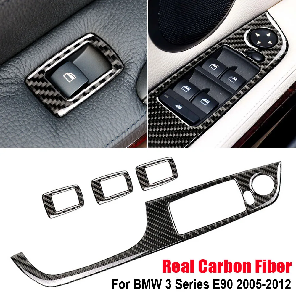 4Pcs Auto True Carbon Fiber Window Lift Panel Switch Frame Stickers Trim Car Interior Accessories For BMW 3 Series E90 2005-2012