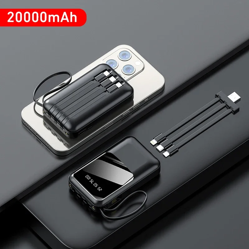 20000mAh High Capacity Power Bank 4 in 1 Cables Fast Charging Portable Battery Charger For iPhone 16 Samsung Auxiliary Battery