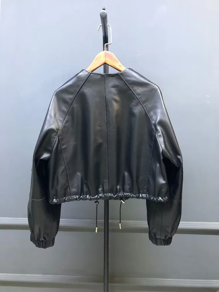 Giacca corta da donna chic in vera pelle con o-collo Cappotto monopetto con personalità Primavera Autunno Nuovo stile Capispalla in vera pelle di pecora