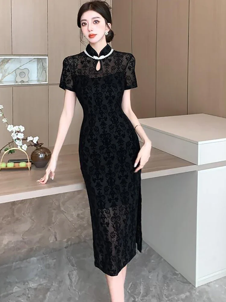 Black Jacquard Elegant Party Dresses Woman Summer Short Sleeve Chic Sheer Beading Luxury Long Dress 2024 Korean Vintage Vestidos