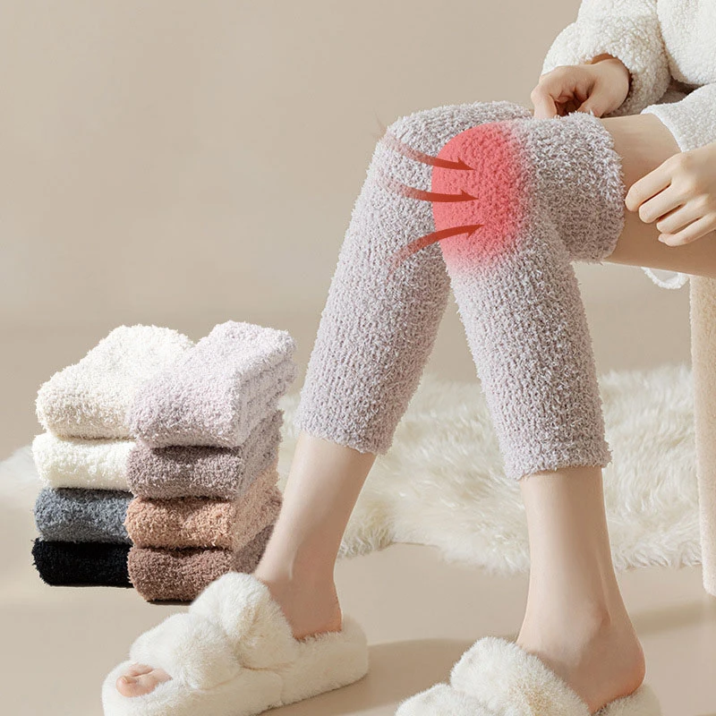 Genouillères épaisses pour femmes, genouillères, protège-genoux, chaussettes longues en peluche, sourire, chaud, doux, hiver