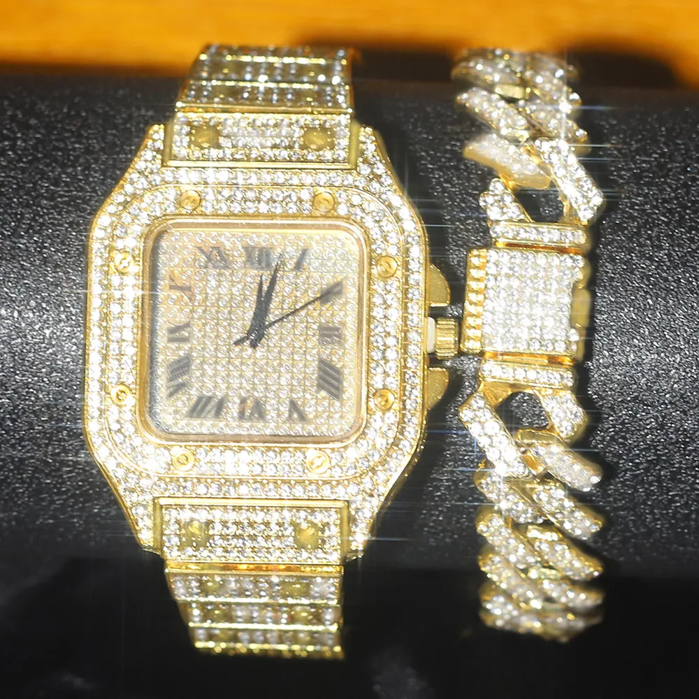 

2 шт., комплект мужских часов, стильный хип-хоп, панк, кубинский браслет-цепочка + квадратные часы, комплект 2-в-1, мужской уличный стиль, трендовые ювелирные изделия, подарок