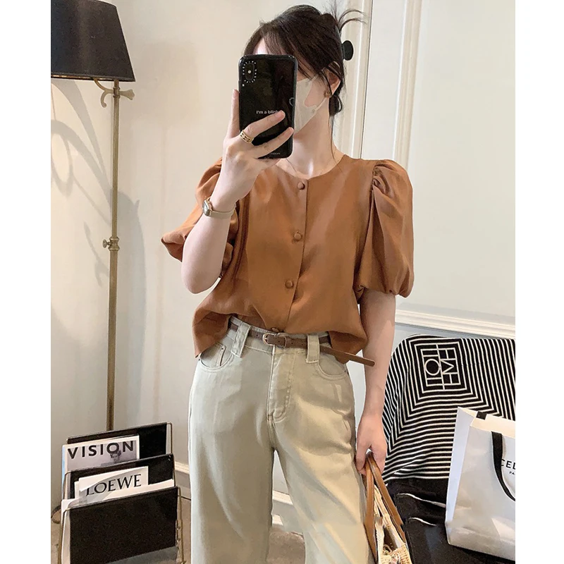 Fashionable round Neck Bubble Sleeve Shirt Summer Style Ageless Commute Friendly Chiffon Top Korean Version Straight Cut