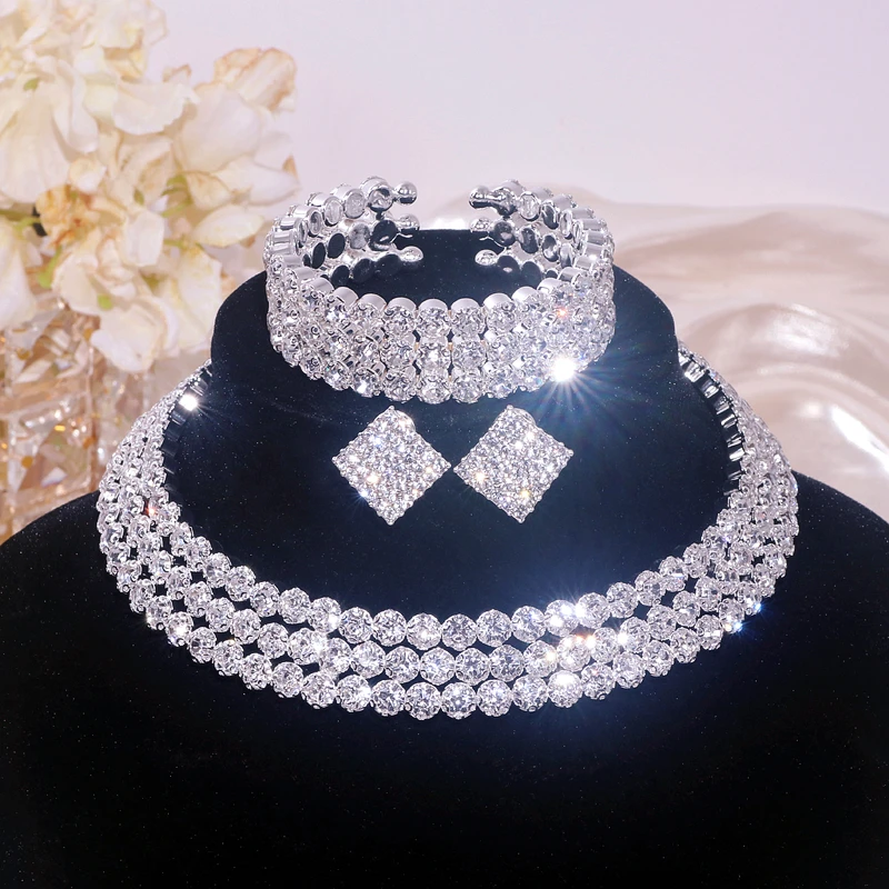 Classic Rhinestone Crystal Choker Necklace Earrings and Bracelet Set for Women Silver Color Bridal Wedding Party Jewelry Sets