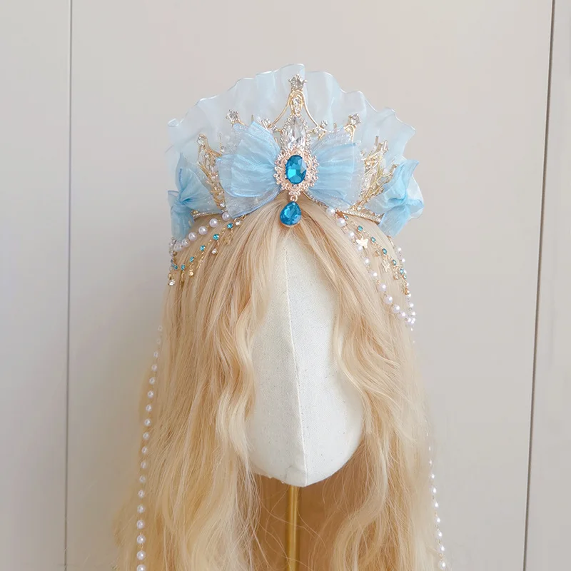 New Blue Color Tassel Tuinga Ice Crown Headdress Two-Dimensional Cosplay Hair Accessories for Women