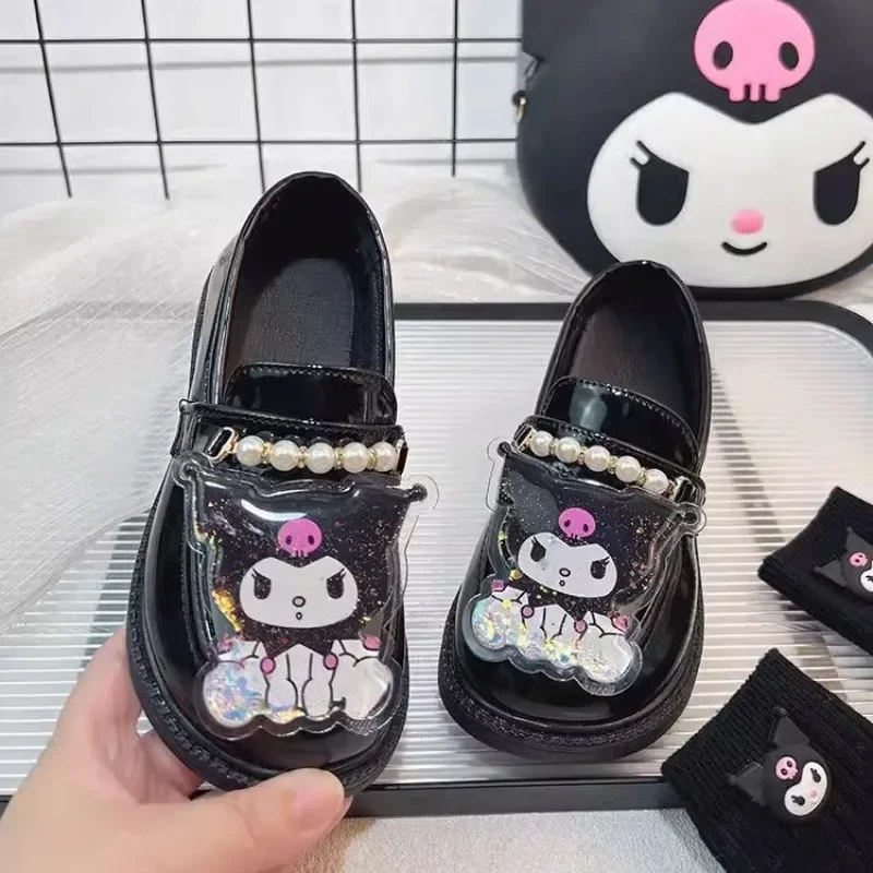 Doce kuromi anime sanrio ins kawaii sapatos de couro bonito dos desenhos animados crianças sapatos princesa sola macia presentes adoráveis para crianças