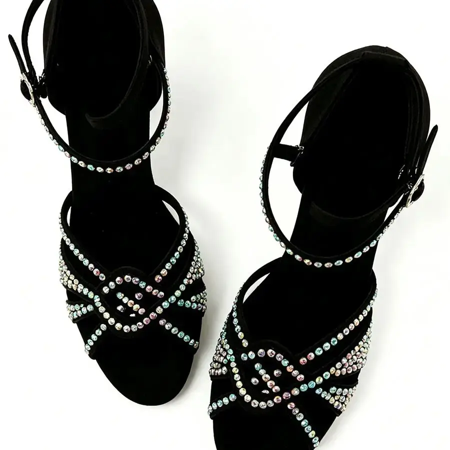 Professional Black Women Satin Latin Dance Shoes Shining AB Rhinestone Peep Toe Ballroom Practice Heels 7cm Latin Dancing Shoes