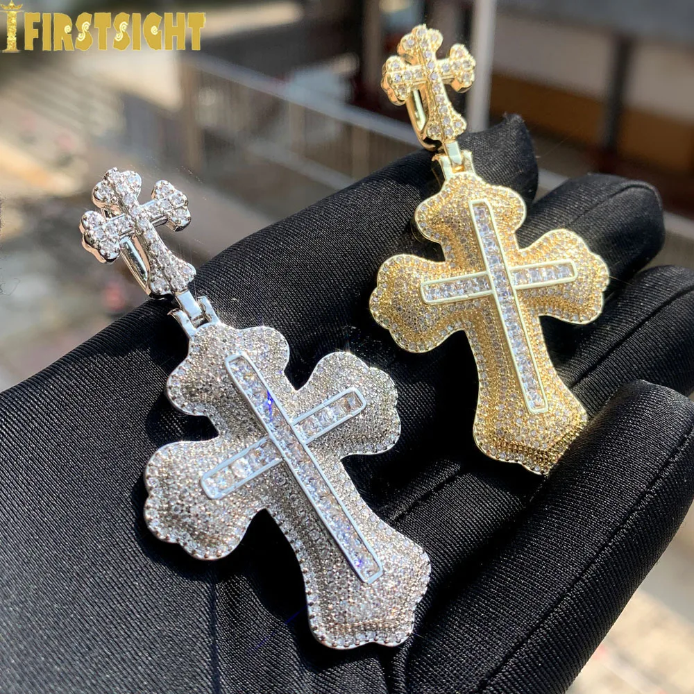 New Iced Out Bling CZ Letter Cross Pendant Necklace Various Design 5A Zircon Two Tone Color Badge Charm Men\'s Hip Hop Jewelry
