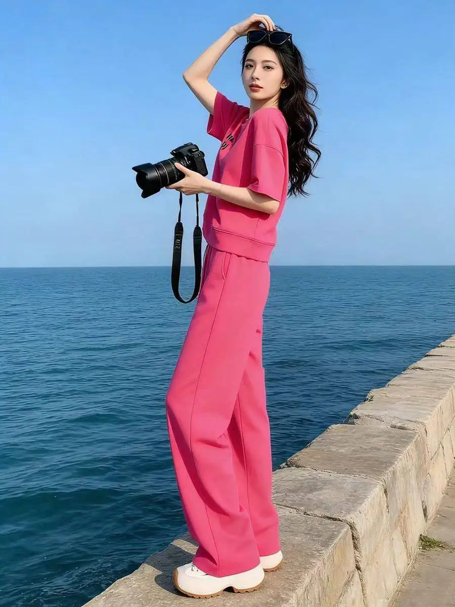 

Fashionable Street Style Casual Sportswear Set Women's Summer Anti-Aging Pink Short Sleeve T-Shirt Wide Leg Pants Two-Piece Set