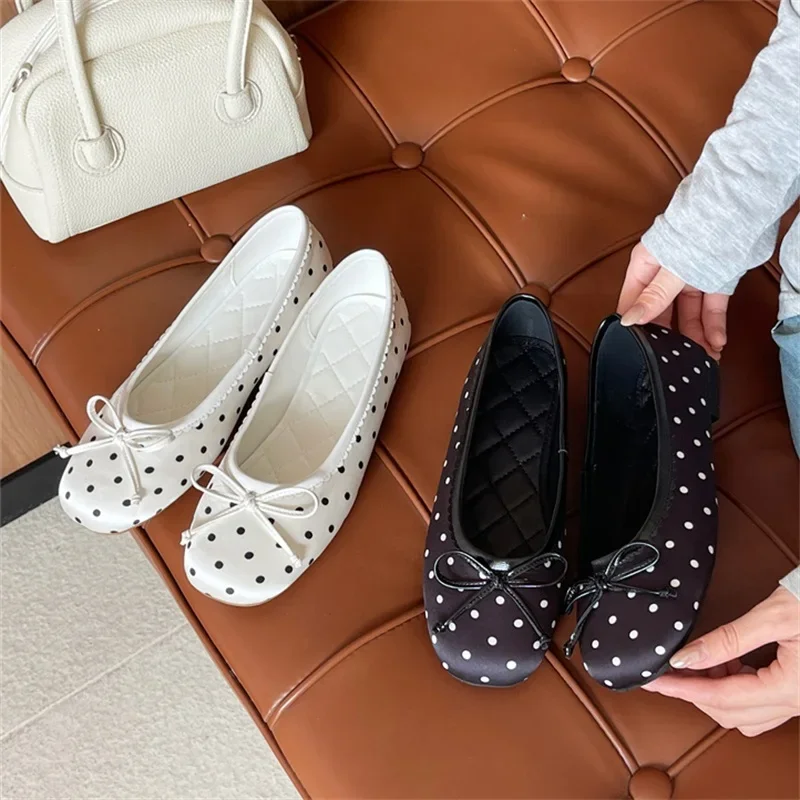 

Aneikeh White Black Polka Dot Bow Ballet Flats Women Round Toe Slip on Ballerina Shoes Casual Loafers