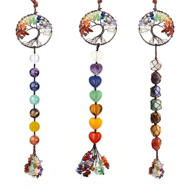 

Handmade Crystal Window Car Tree of Life Hanging Ornament 7 Chakra Tumbled Palm Stones Feng Shui Yoga Meditation Home Decoration