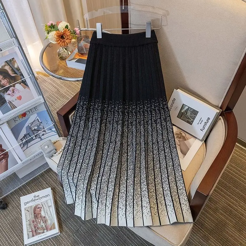 

Autumn Winter Women Pleated Knitted Skirt Warm Thick Gradient Color Elastic High Waist A-line Midi Long Skirt