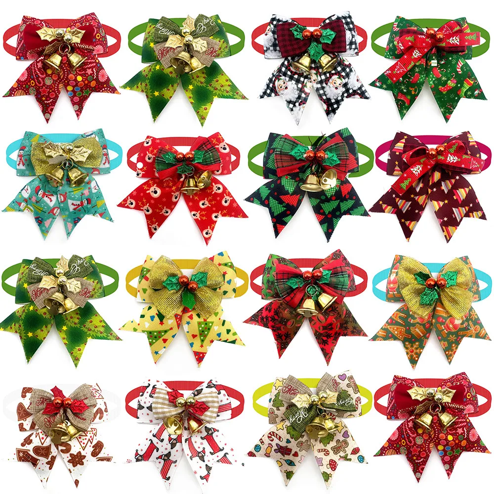 50pcs Christmas Dog Bowtie Snowman Christmas Tree Small Dog Cat Bow Tie Collar for Dogs Pets Grooming Supplies Dog Accessories