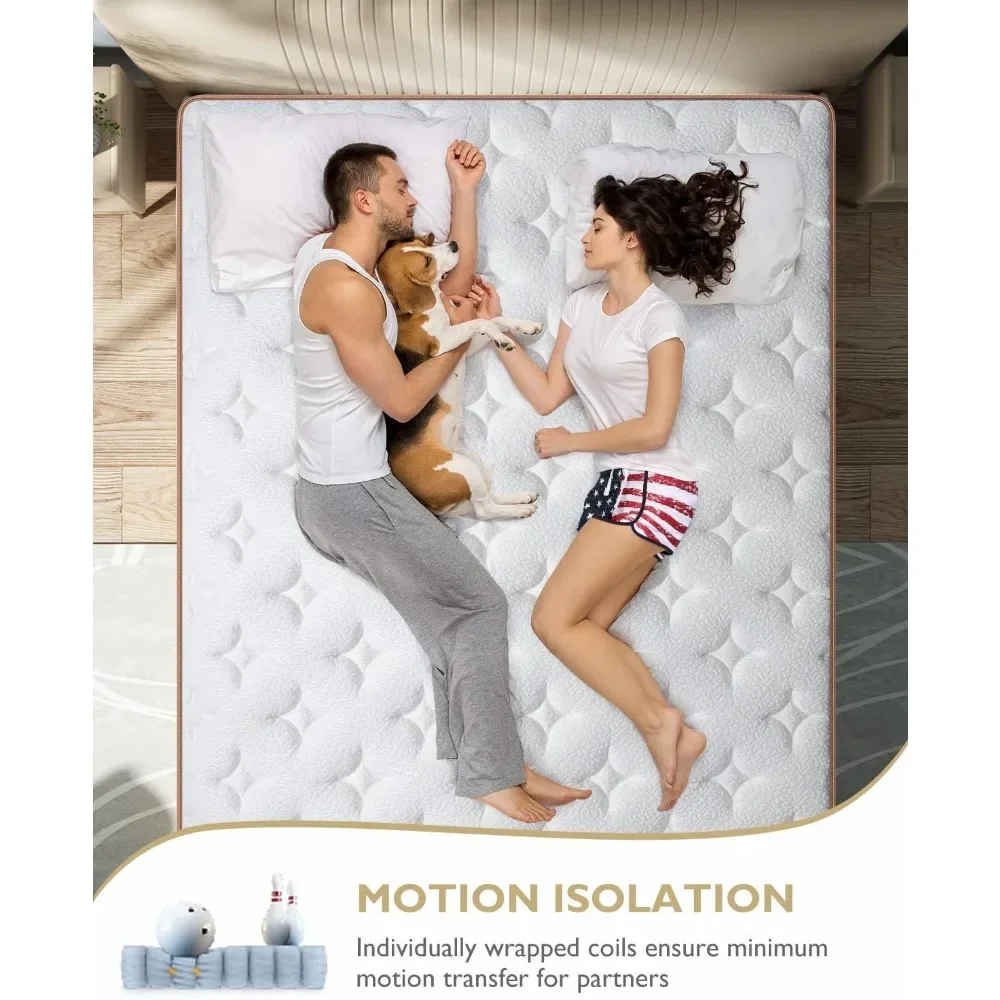 Queen Mattress - 14 Inch Hybrid Mattress Medium Feel - Individually Wrapped Coils for Pressure Relief & Motion Isolation Matress