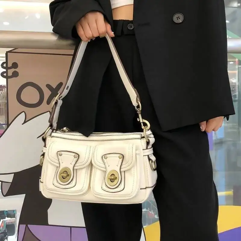 Bloom Vintage Moto Biker Black Shoulder Bags Women Retro High Street Leather Chic Pocket Underarm Bag Ladies Y2k Handbag Purse