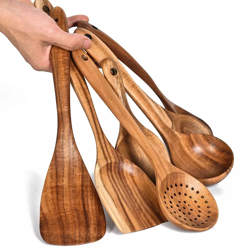 1/7Pcs Wooden Cooking Utensils, Kitchen Utensils for Nonstick Cookware - Turner Soup Spoon Spatula Strainer