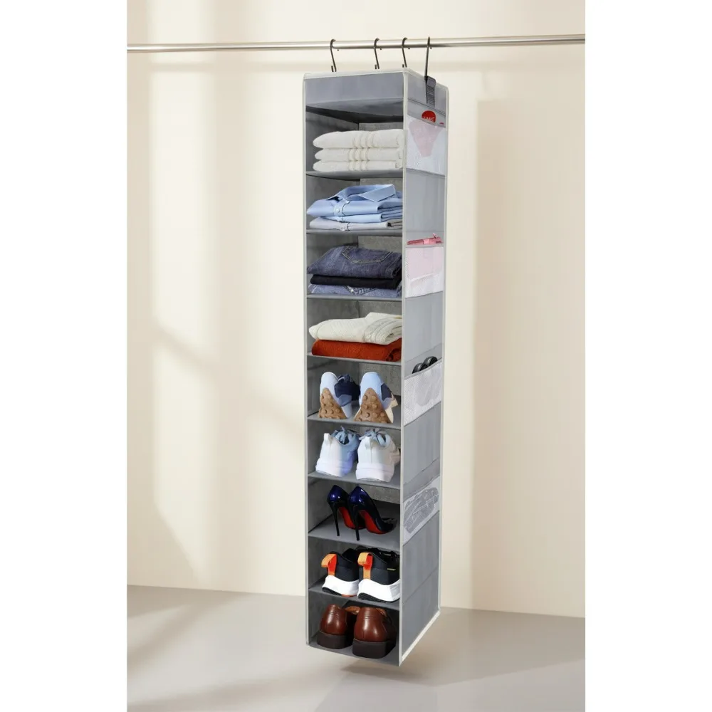 

2 Pack Large 10-Shelf Hanging Shoe Organizer with 8 Side Pockets, Wide Storage for Shoes Clothes Toys, Grey