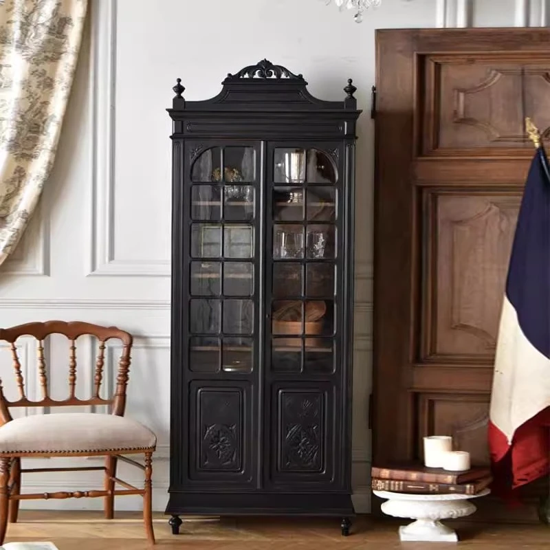 

American solid wood wine cabinet French retro medieval style dining side cabinet living room wall display cabinet