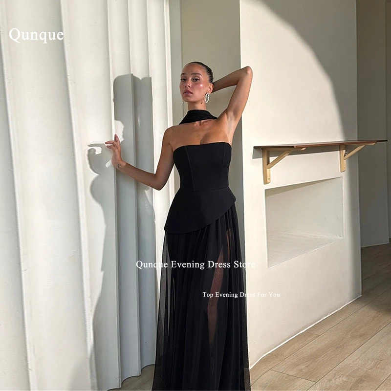 

Qunque Black Chiffon Prom Dresses Strapless Formal Evening Dress Long A Line Vestidos Elegantes Para Boda Invitada Customized