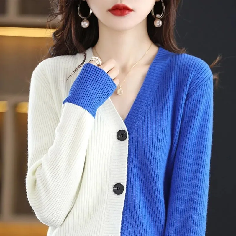 2023 Autumn/Winter Contrast Color Wool Knitted Cardigan Women Contrast Color Sweater Loose Versatile Knitted Short Coat Thin Top