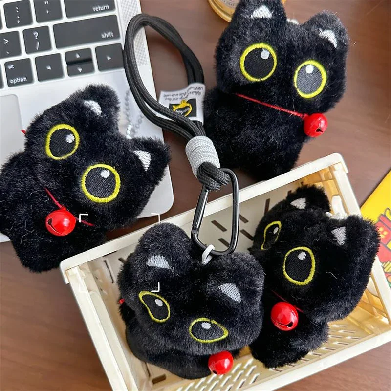 Cute Bell Black Cat Squeak Plush Doll Keychain Pendant Lanyard Stuffed Toy Backpack Charm Bag Ornament Couple Accessory Kid Gift