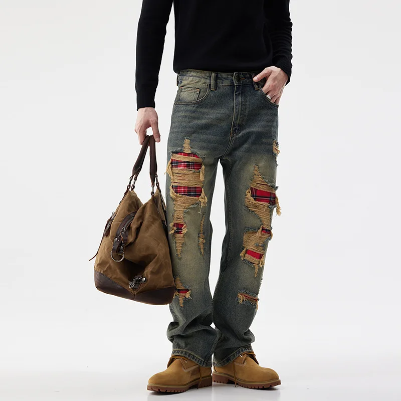 American Retro Tattered Jeans Patch Loose Straight Jeans Men's Autumn 2024 Personalized Men's Clothing Nostalgic Y2K Trousers