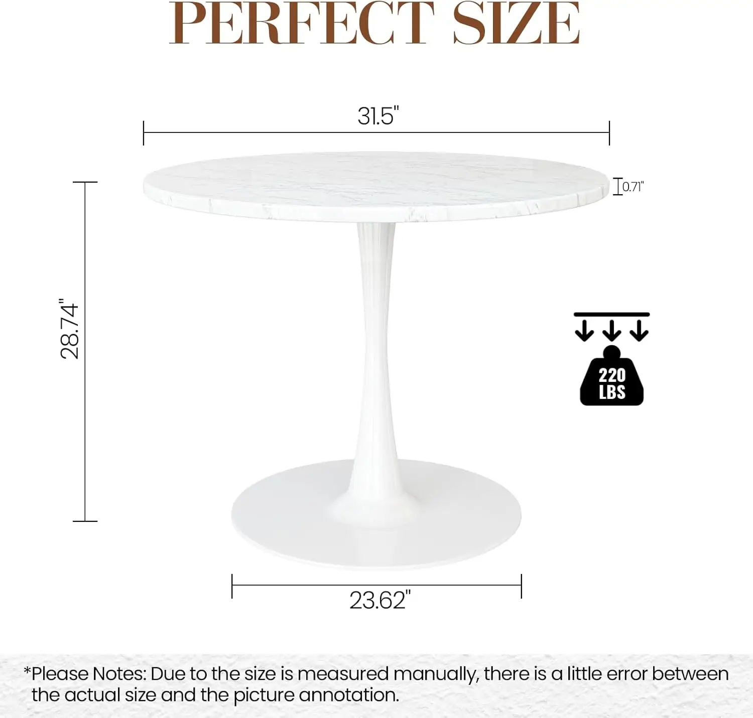 White Marble Round Dining Table, 31.5" Tulip Table Kitchen Dining Table 2-4 People with MDF Table Top & Pedestal Base, Mid-Centu
