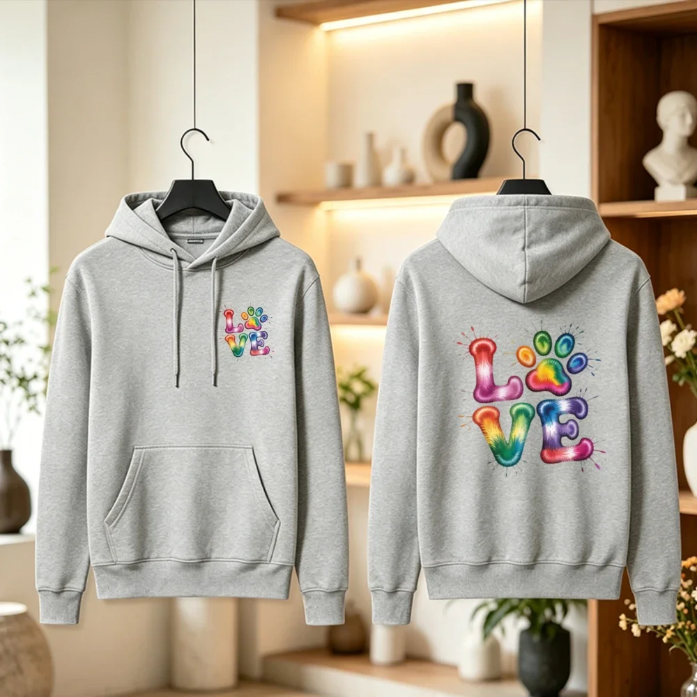 Cute Rainbow Love Paw Print Hoodie Pet Lover Dog Cat Mom Colorful Graphic Pullover Cozy Unisex Women Men Fall Winter Tops Gift