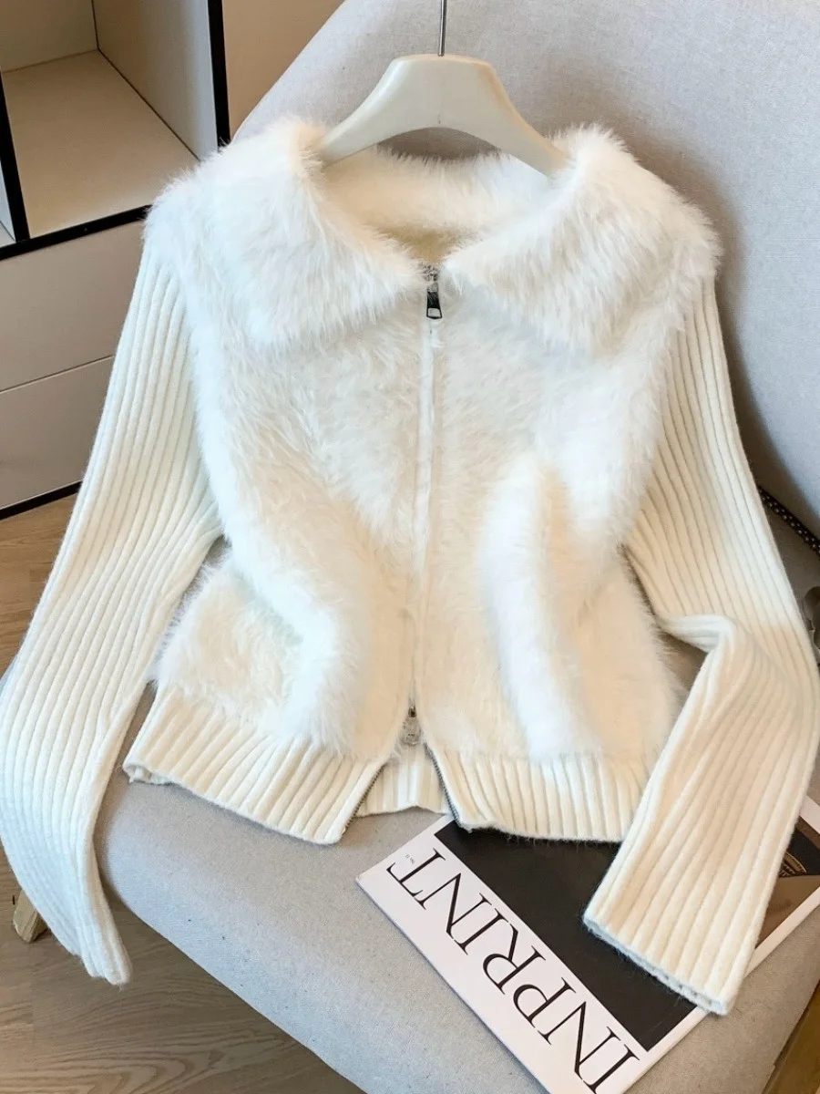 Water Rabbit Fur Jaet Women's Autumn Winter New Sle Double Zipper Open Cardigan Turn-down Collar Sweater Korean Sle Sli...
