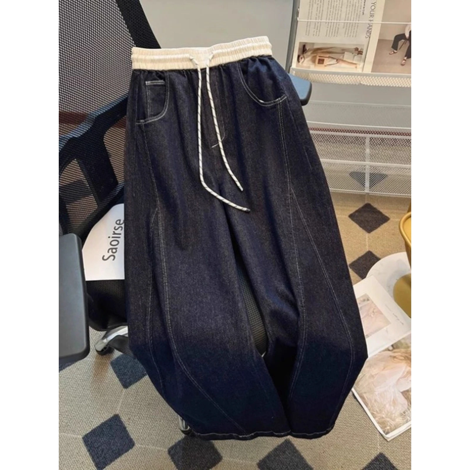 

Men's Loose Fit Casual Jeans Elastic Waist Vintage Style Autumn Winter plus Size 300 Pounds Lazy Style Wide Leg Jeans