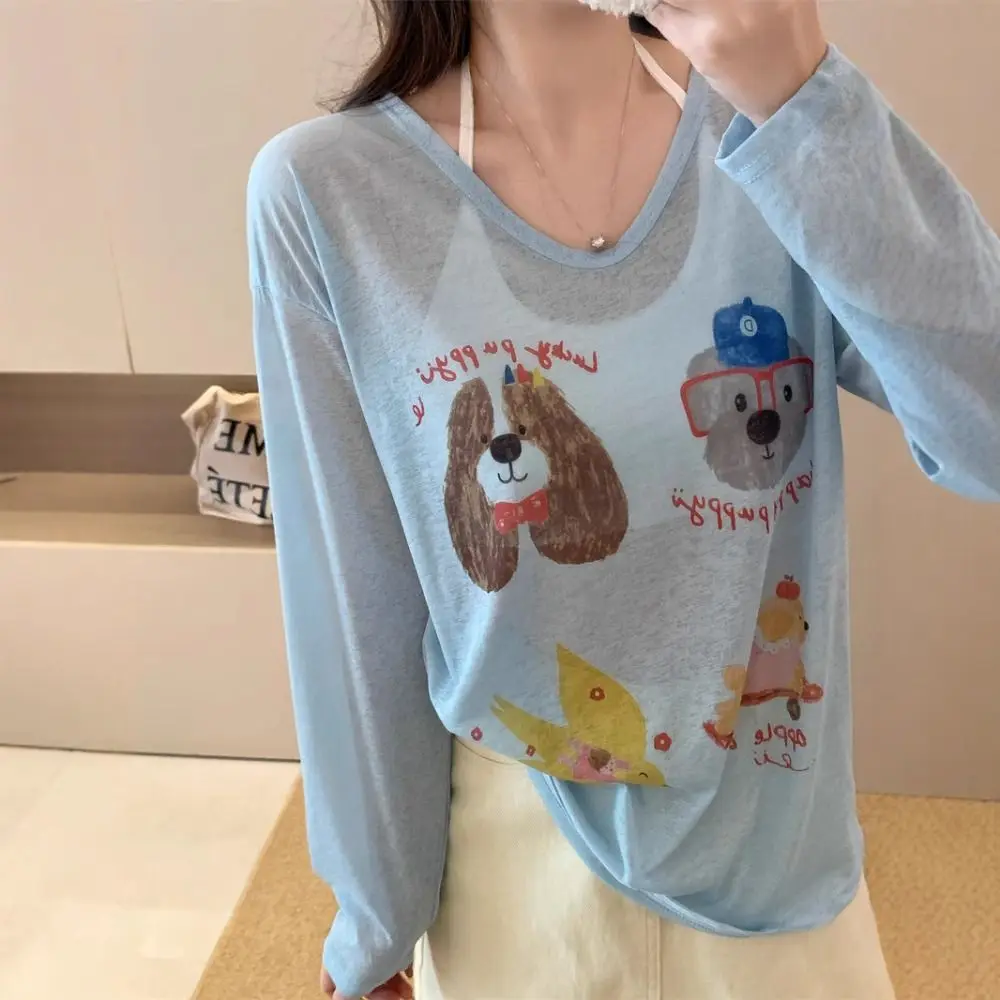Thin Dog Print Graphic T-shirt Cartoon Loose Cartoon Animal Long Sleeved Top Sunscreen Elastic Round Neck Oversized T-shirt