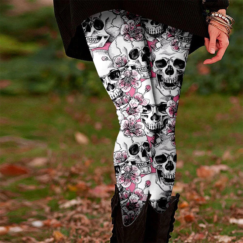

Женские сексуальные леггинсы с высокой талией и цветочным принтом черепа — средние эластичные колготки с геометрическим узором, всесезонный повседневный стиль, ручная работа