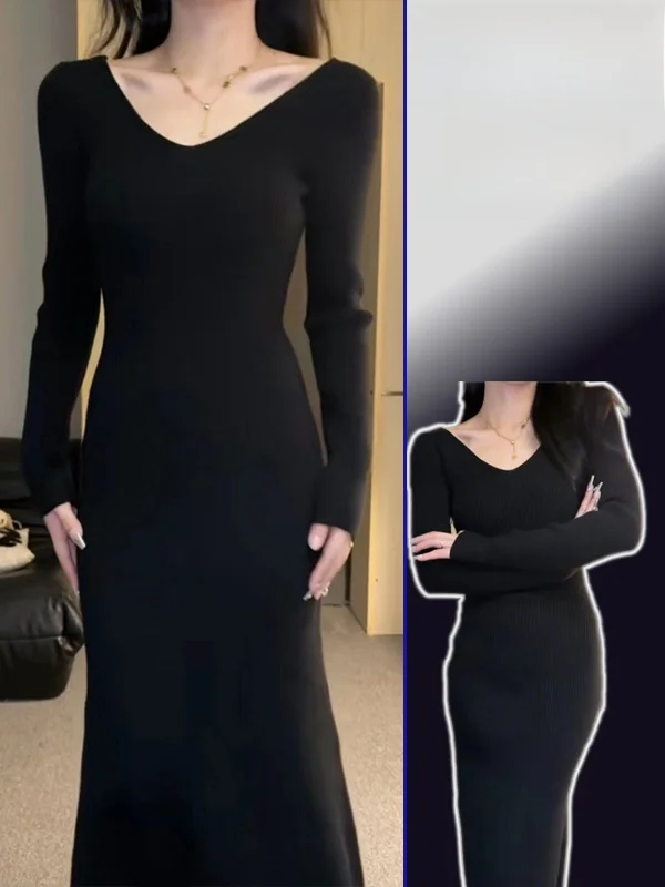 

Женское модное трикотажное платье больших размеров с V-образным вырезом, приталенное, весеннее, теплое, с завышенной талией, средней длины, во французском стиле, повседневное, для работы