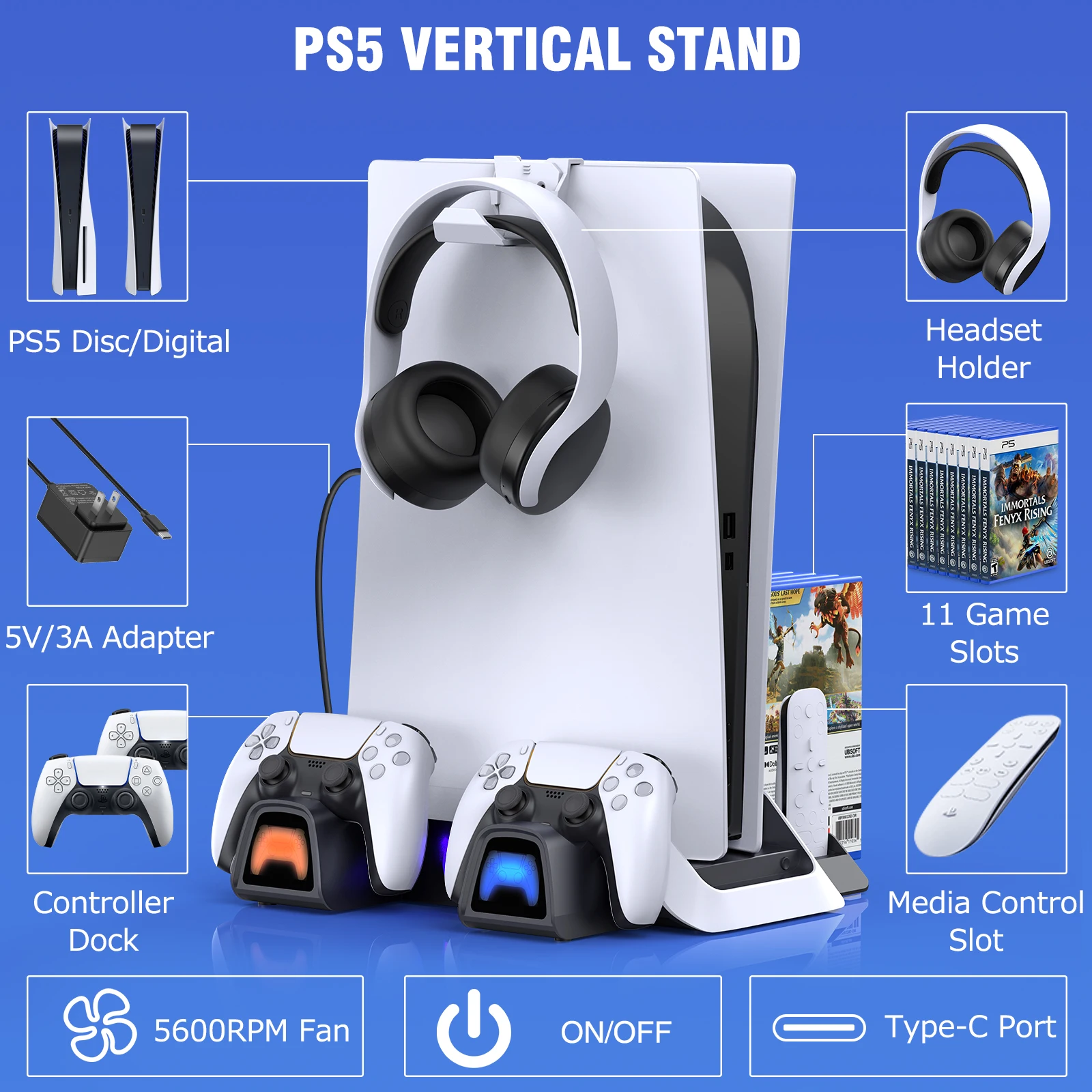 Para ps5 suporte de refrigeração 2 ventilador mais frio 2 controlador de carregamento doca tipo-c cabo de carregamento para playstation 5 ps 5